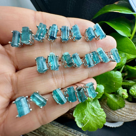 Sterling Silver Raw Blue Tourmaline Stick Stud Earrings
