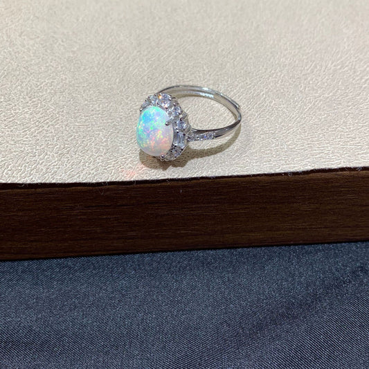 925 Sterling Silver Opal Sunburst Halo Open Ring