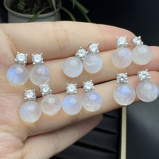 Sterling Silver Round Moonstone Drop Stud Earrings