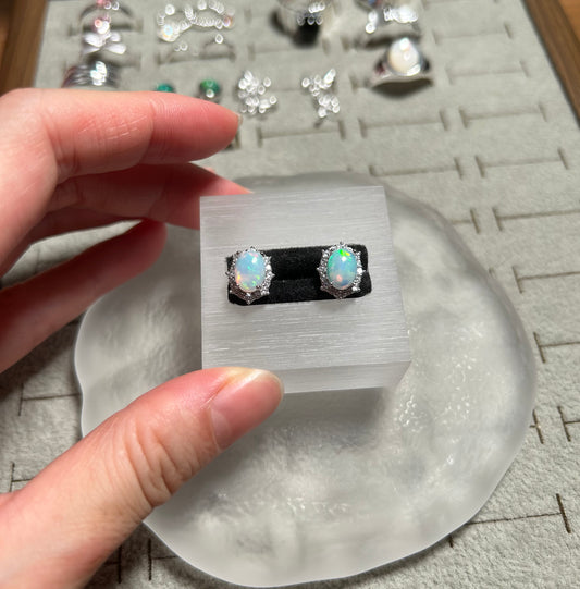 Sterling Silver Halo White Opal Stud Earrings