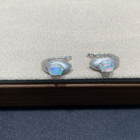 925 Brushed Silver Opal Huggie Hoop Earrings