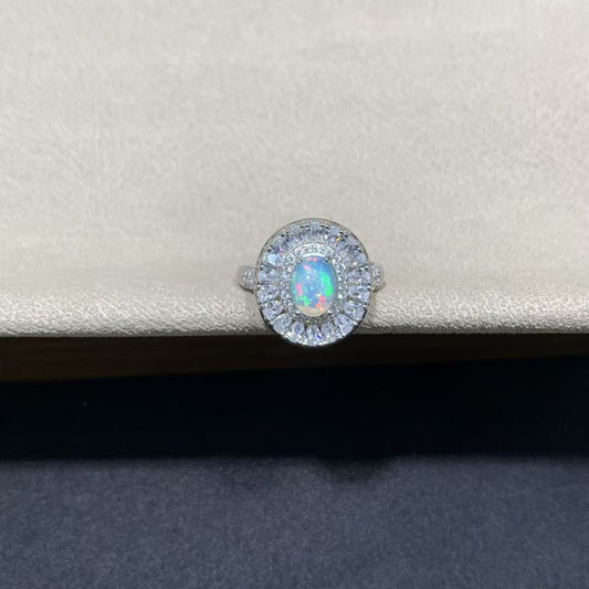 925 Sterling Silver Opal Halo Statement Open Ring