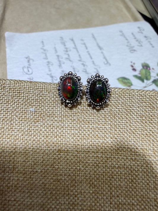 925 Sterling Silver Black Opal Stud Earrings