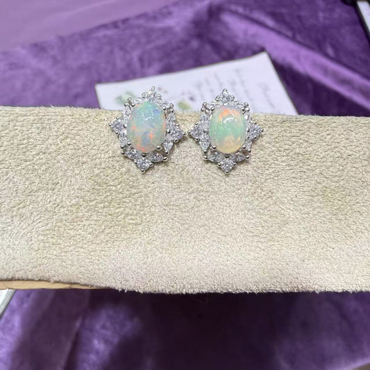 925 Sterling Silver Star Halo White Opal Stud Earrings