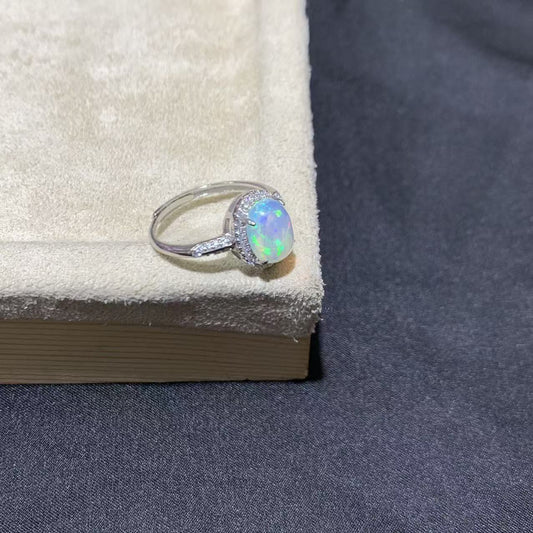 925 Sterling Silver High Dome Oval Opal Cabochon Halo Ring