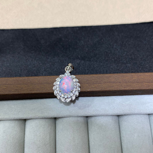 925 Sterling Silver Oval Opal Cabochon Halo Charm Pendant