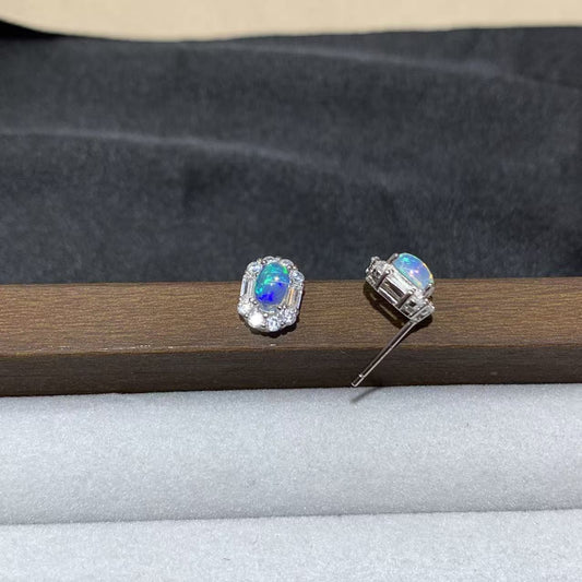 Sterling Silver Halo Blue Opal Stud Earrings