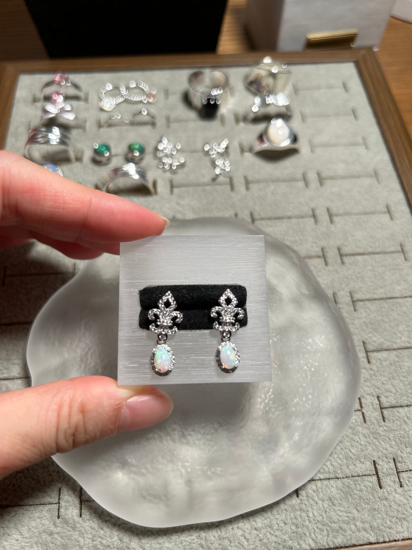 Sterling Silver White Opal Fleur-De-Lis Halo Drop Earrings
