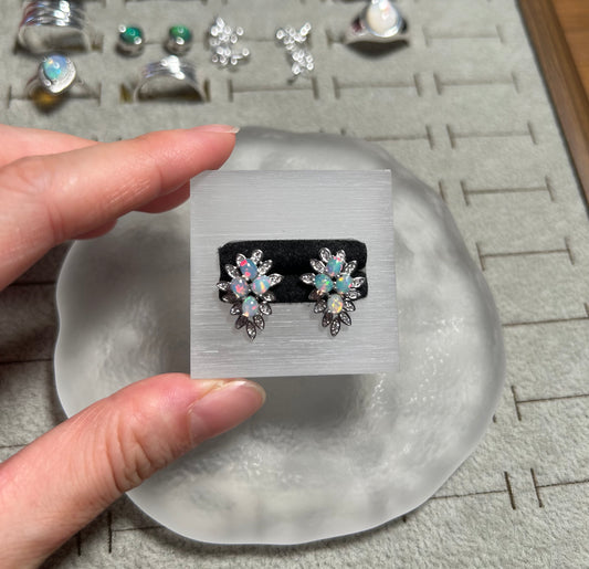 925 Sterling Silver Opal Leaf Cluster Stud Earrings