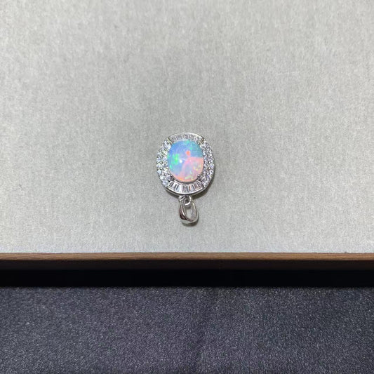 925 Sterling Silver Oval Opal Cabochon Halo Charm Pendant