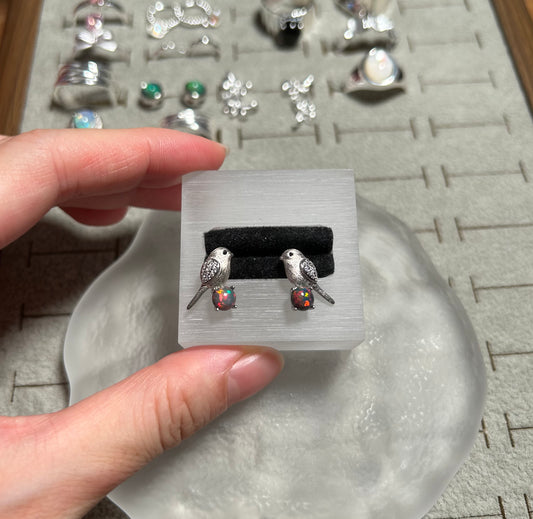925 Sterling Silver Black Opal Bird Stud Earrings