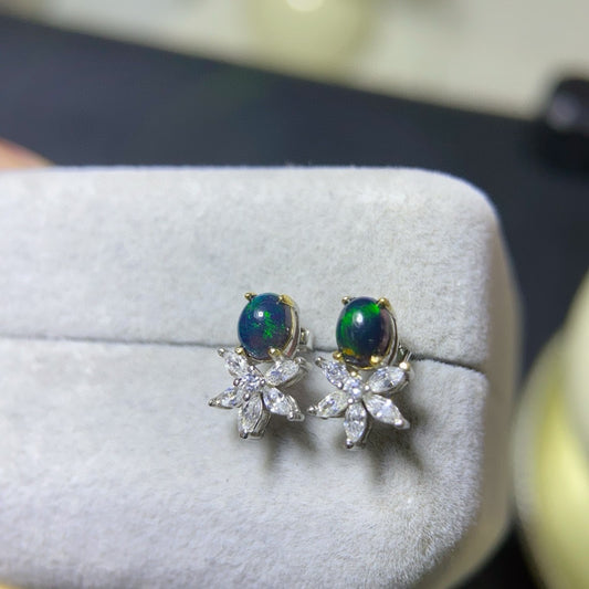 925 Sterling Silver Black Opal Star Flower Stud Earrings