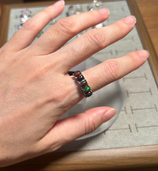 925 Sterling Silver Black Opal Stackable Band Open Ring