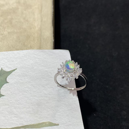 925 Sterling Silver Opal Sunflower Halo Statement Open Ring