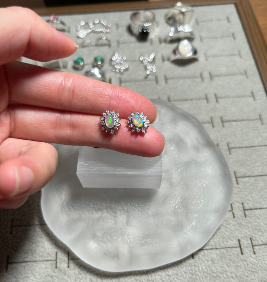 925 Sterling Silver Opal Sunburst Halo Ear Studs