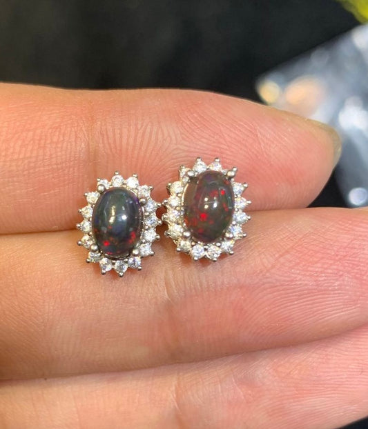 Sterling Silver Black Opal Halo Stud Earrings