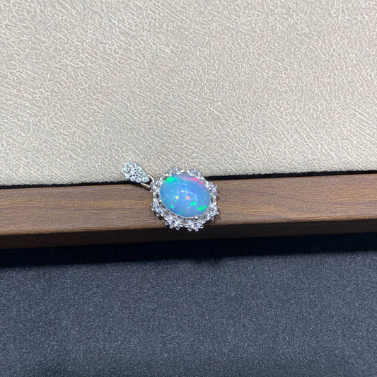 925 Sterling Silver Oval Opal Cabochon Halo Charm Pendant