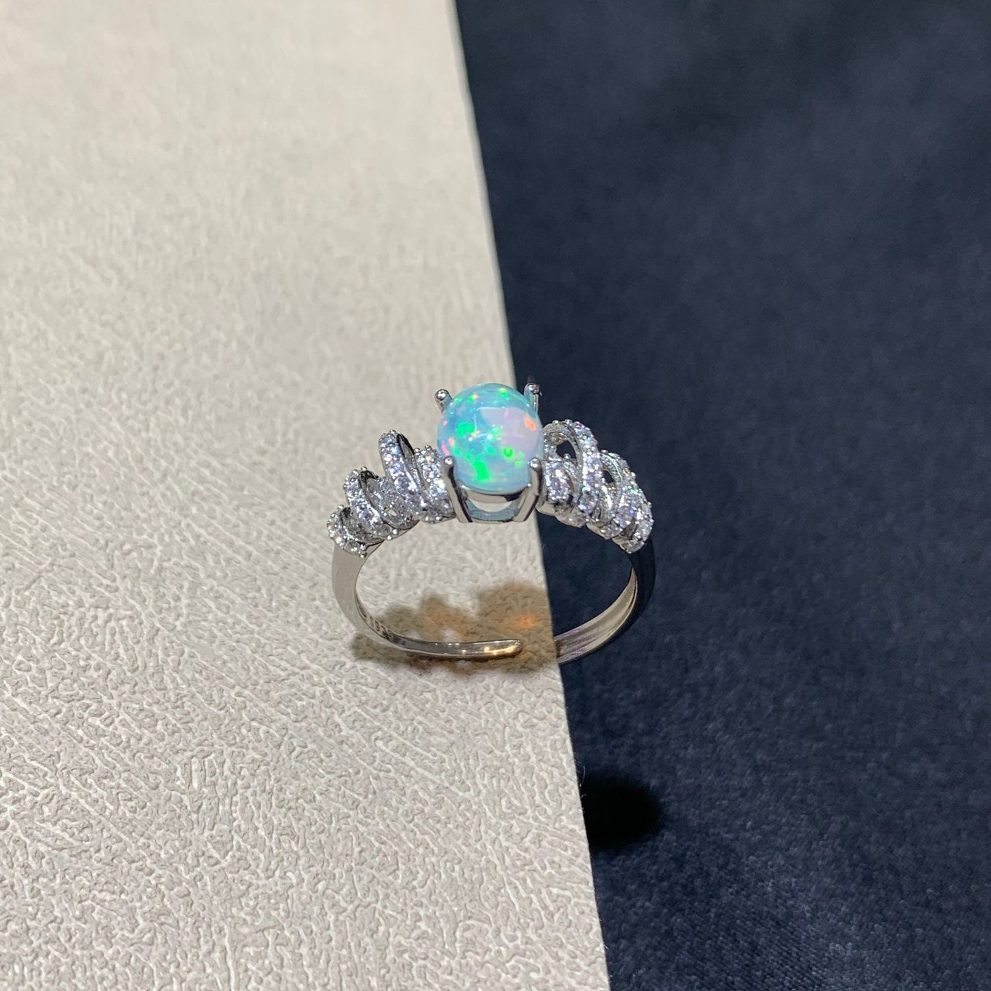 925 Sterling Silver White Opal Curved Paved Ring