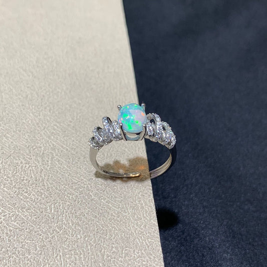 925 Sterling Silver White Opal Curved Paved Ring