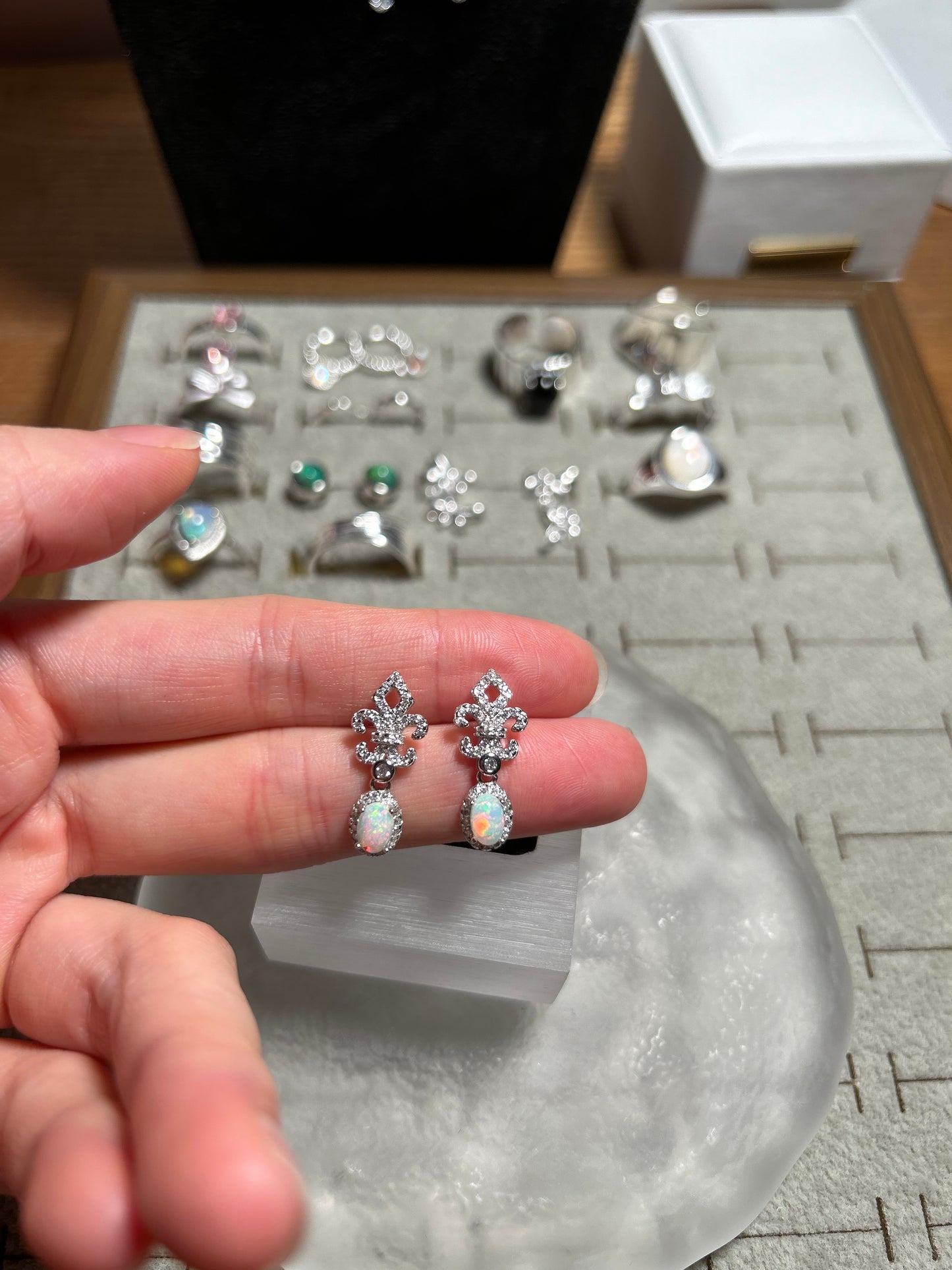Sterling Silver White Opal Fleur-De-Lis Halo Drop Earrings