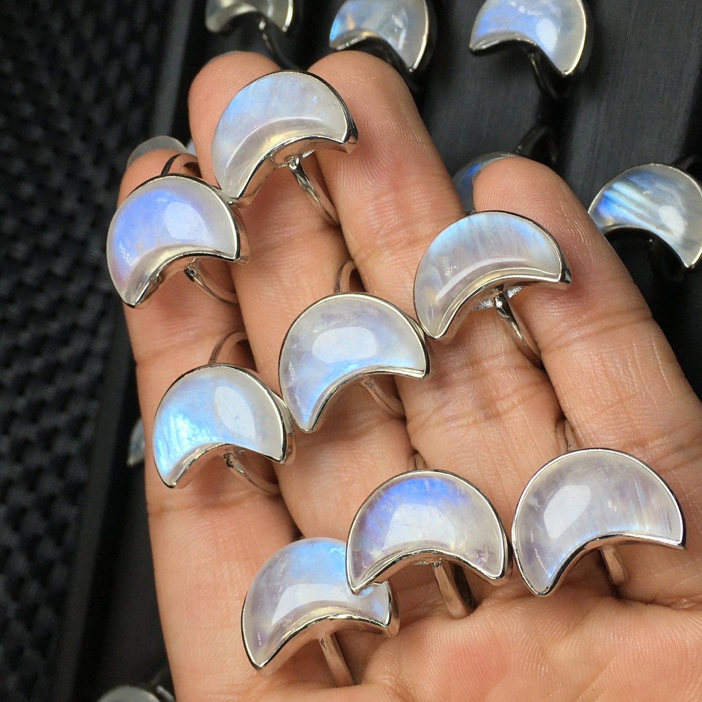 Sterling Silver Crescent Moon Blue Flash Moonstone Bezel Ring