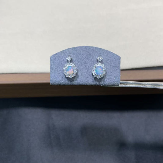 Sterling Silver White Opal Halo Drop Stud Earrings