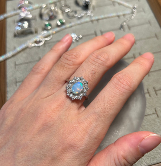 925 Sterling Silver Rainbow Opal Floral Halo Ring