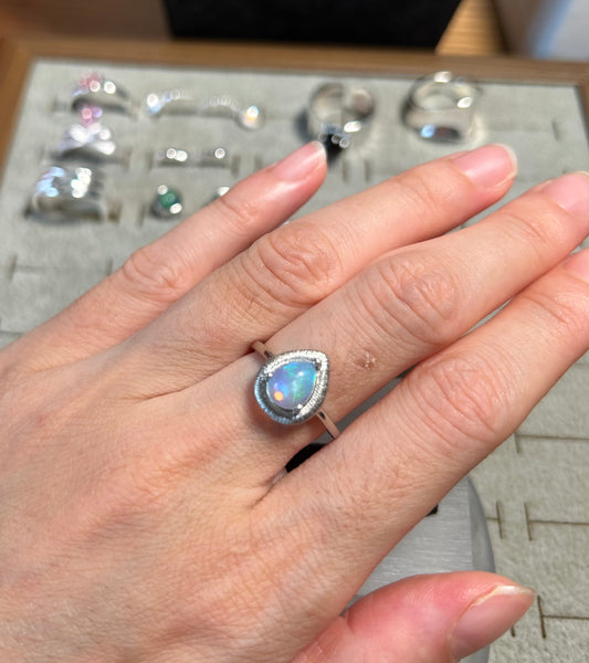 925 Matte Silver Rainbow Opal Pear Shaped Ring