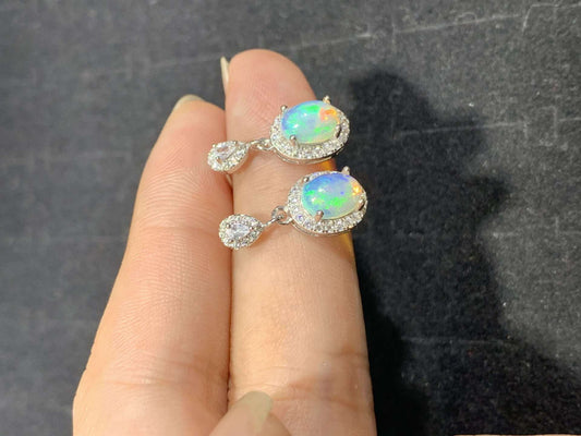 Opal Halo Dangle Earrings Silver CZ Drop Earrin