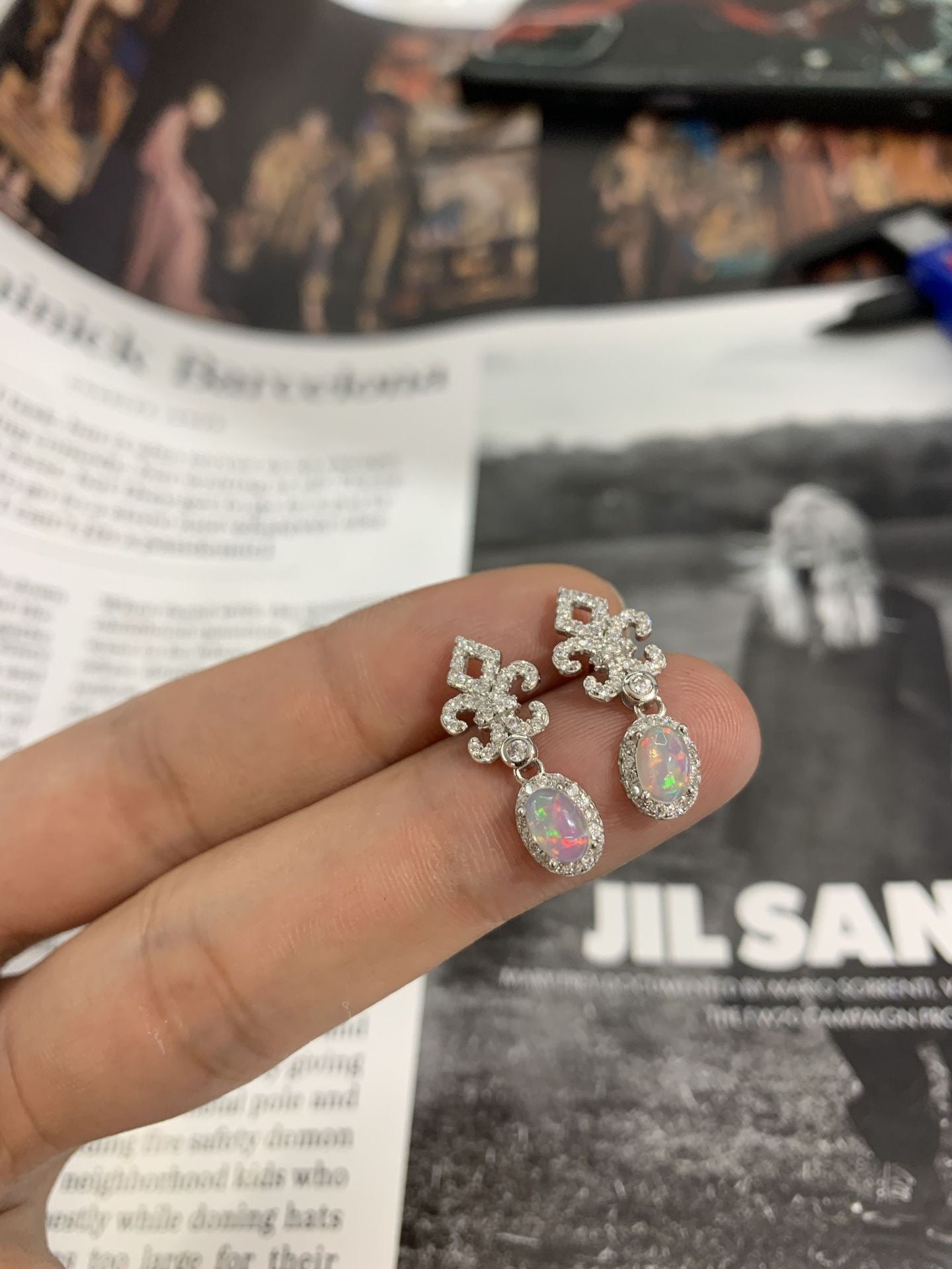 Sterling Silver White Opal Fleur-De-Lis Halo Drop Earrings