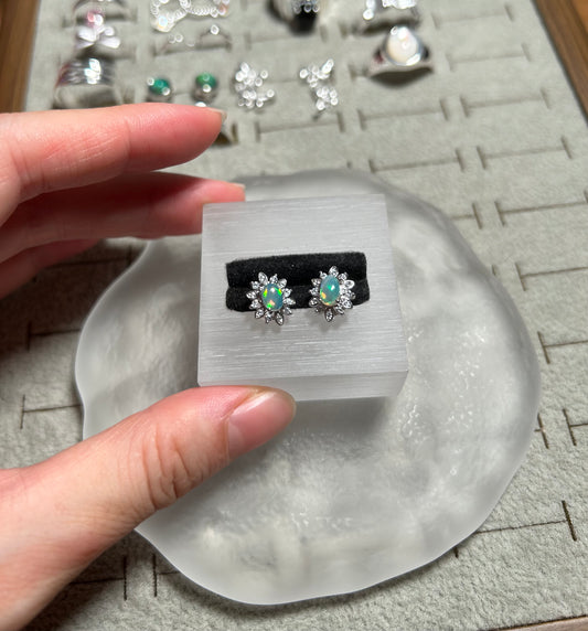 925 Sterling Silver Opal Sunburst Halo Ear Studs