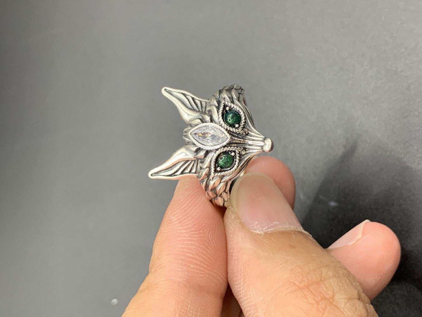 925 Sterling Silver Black Opal Fox Open Ring