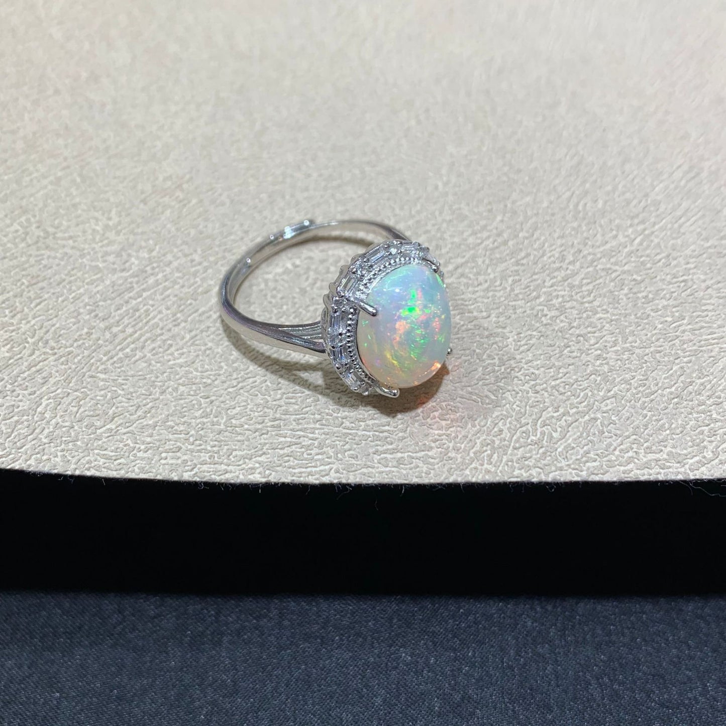 925 Sterling Silver Oval Rainbow Fire Opal Halo Ring