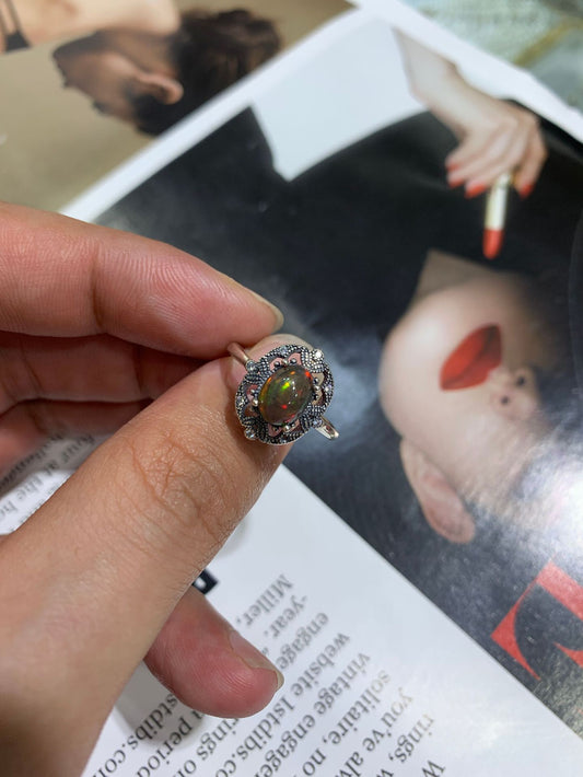 925 Sterling Silver Black Opal Antique Filigree Ring
