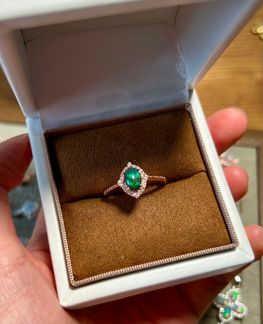 925 Rose Gold Sterling Silver Black Opal North Star Halo Open Ring