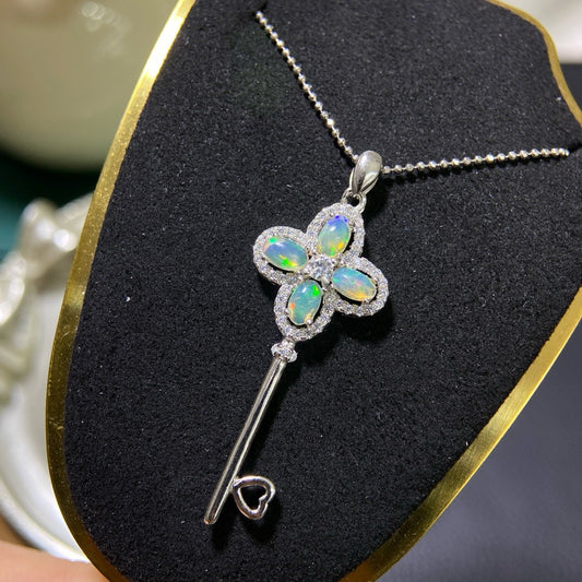 925 Sterling Silver Four Leaf Clover Heart Key Opal Pendant