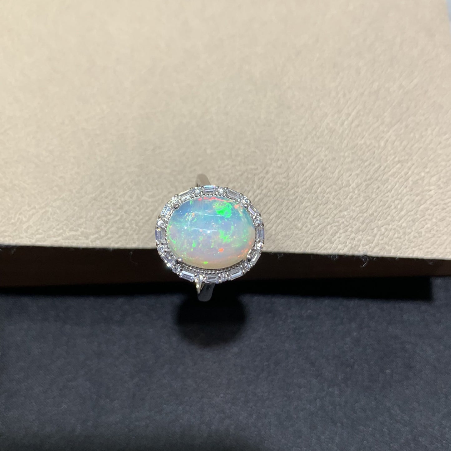 925 Sterling Silver Oval Rainbow Fire Opal Halo Ring