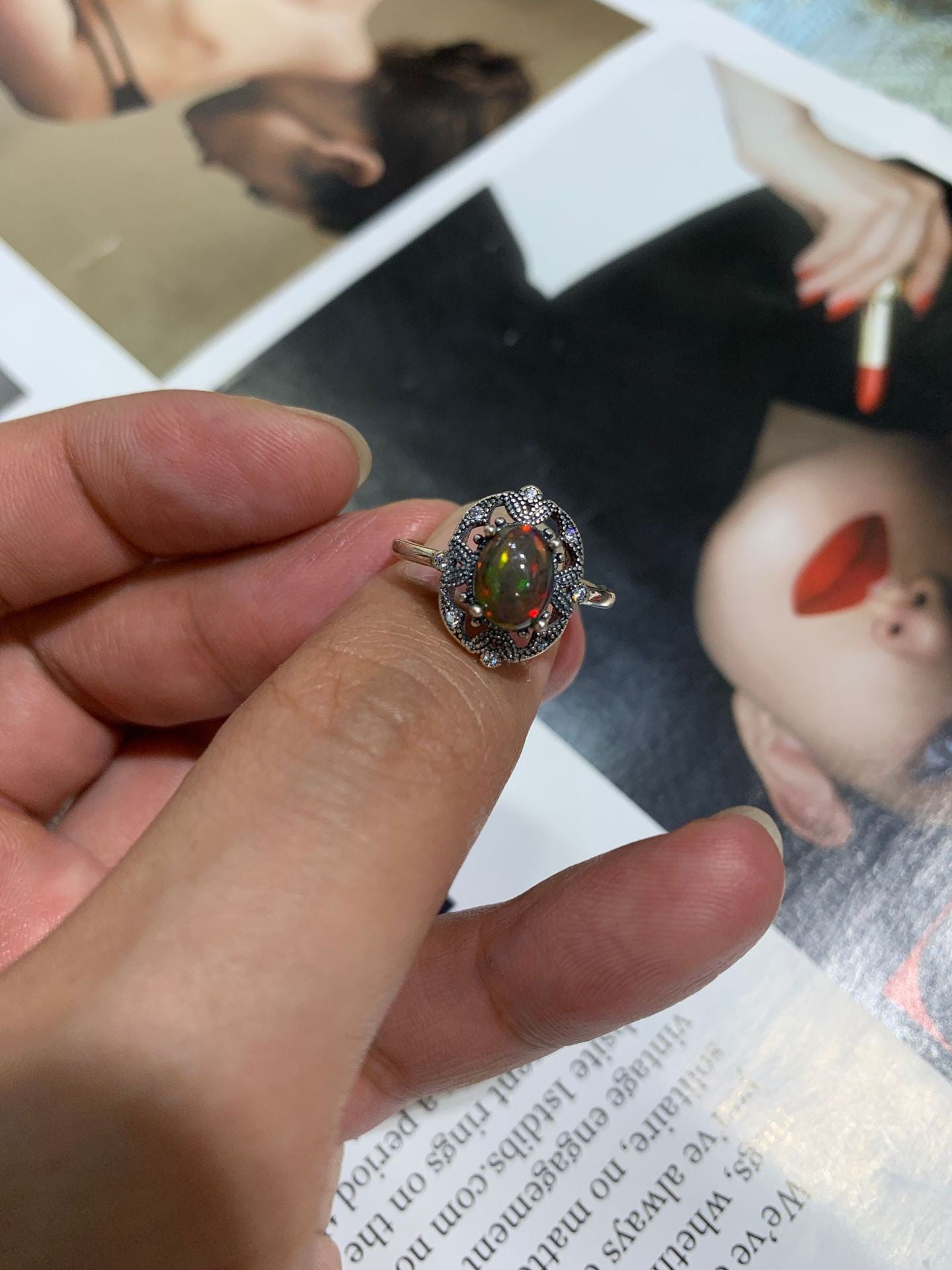 925 Sterling Silver Black Opal Antique Filigree Ring