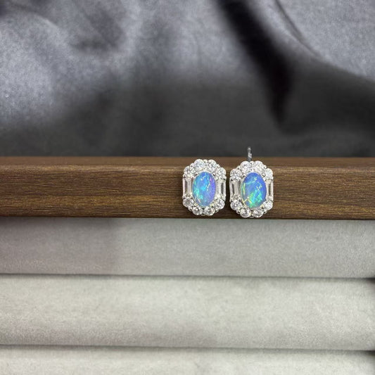 Sterling Silver Halo White Opal Stud Earrings