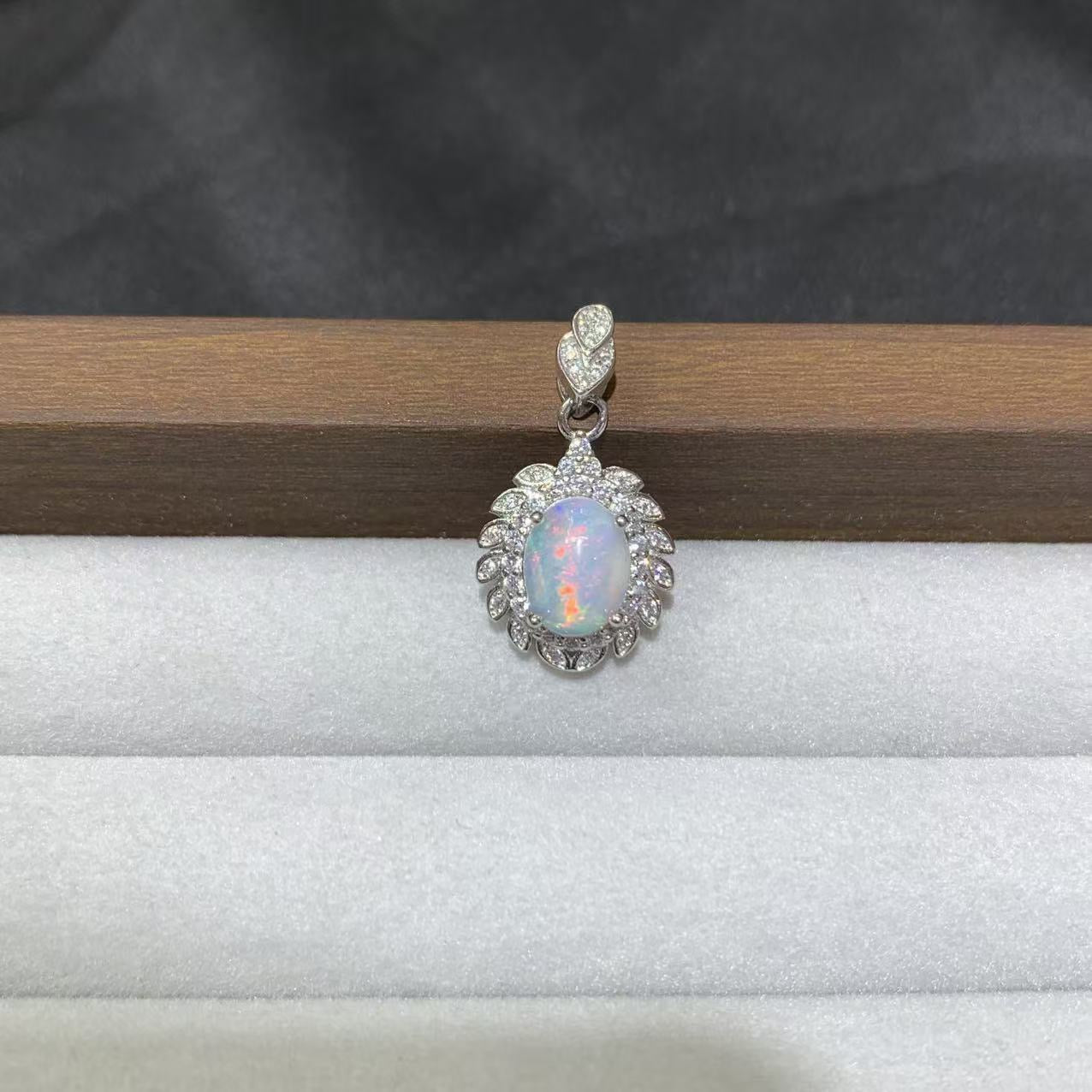 925 Sterling Silver Oval Opal Cabochon Halo Charm Pendant
