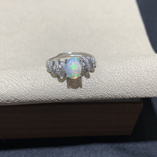 925 Sterling Silver White Opal Curved Paved Ring