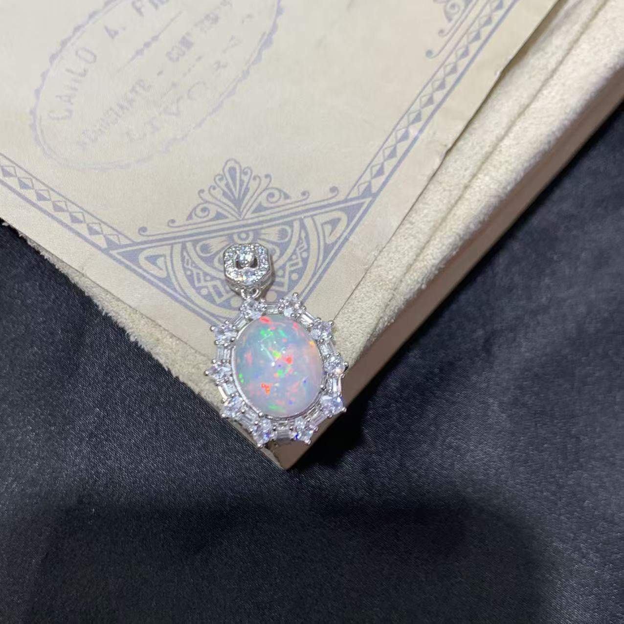 Australian 925 Sterling Silver Halo Opal Dangle Charm Pendant