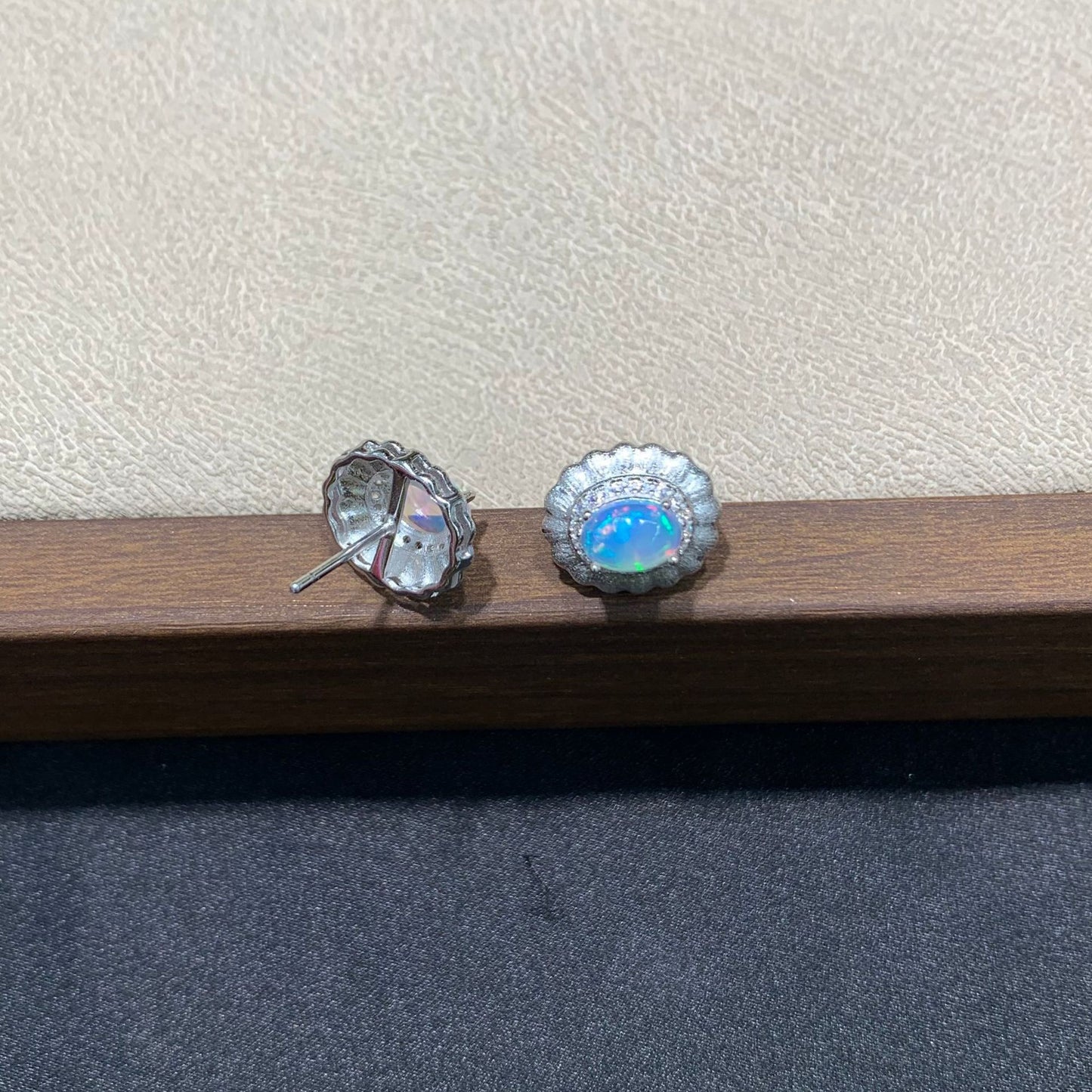 925 Sterling Silver Opal Matte Scallop Frame Stud Earrings