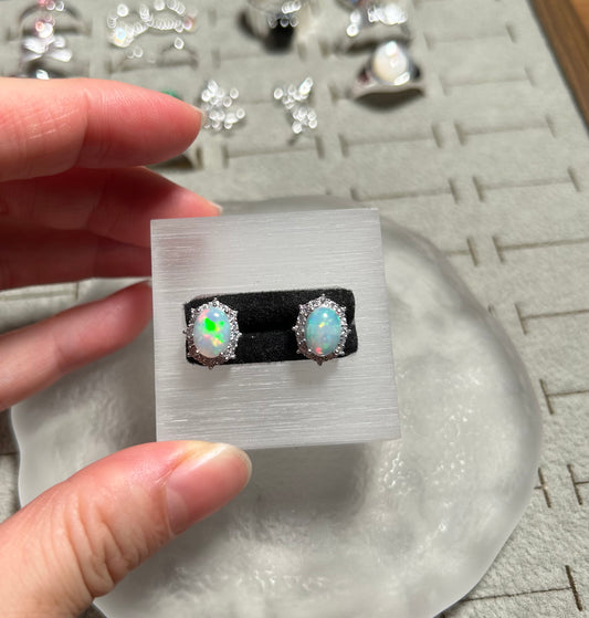Sterling Silver Halo White Opal Stud Earrings