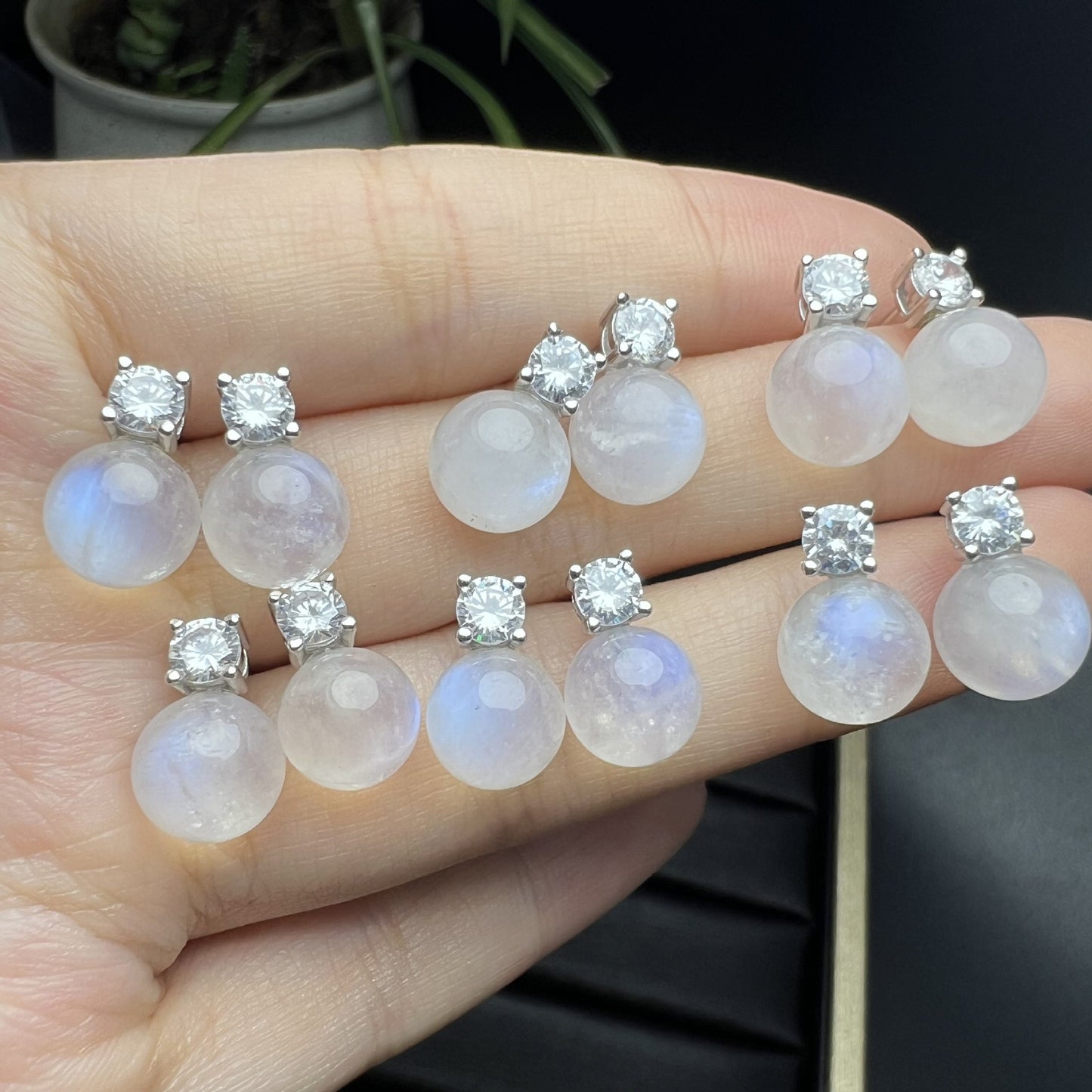 Sterling Silver Round Moonstone Drop Stud Earrings