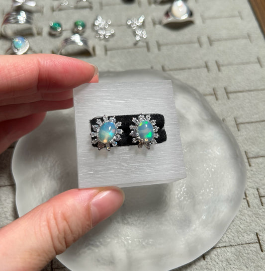 925 Sterling Silver Opal Sunburst Halo Ear Studs