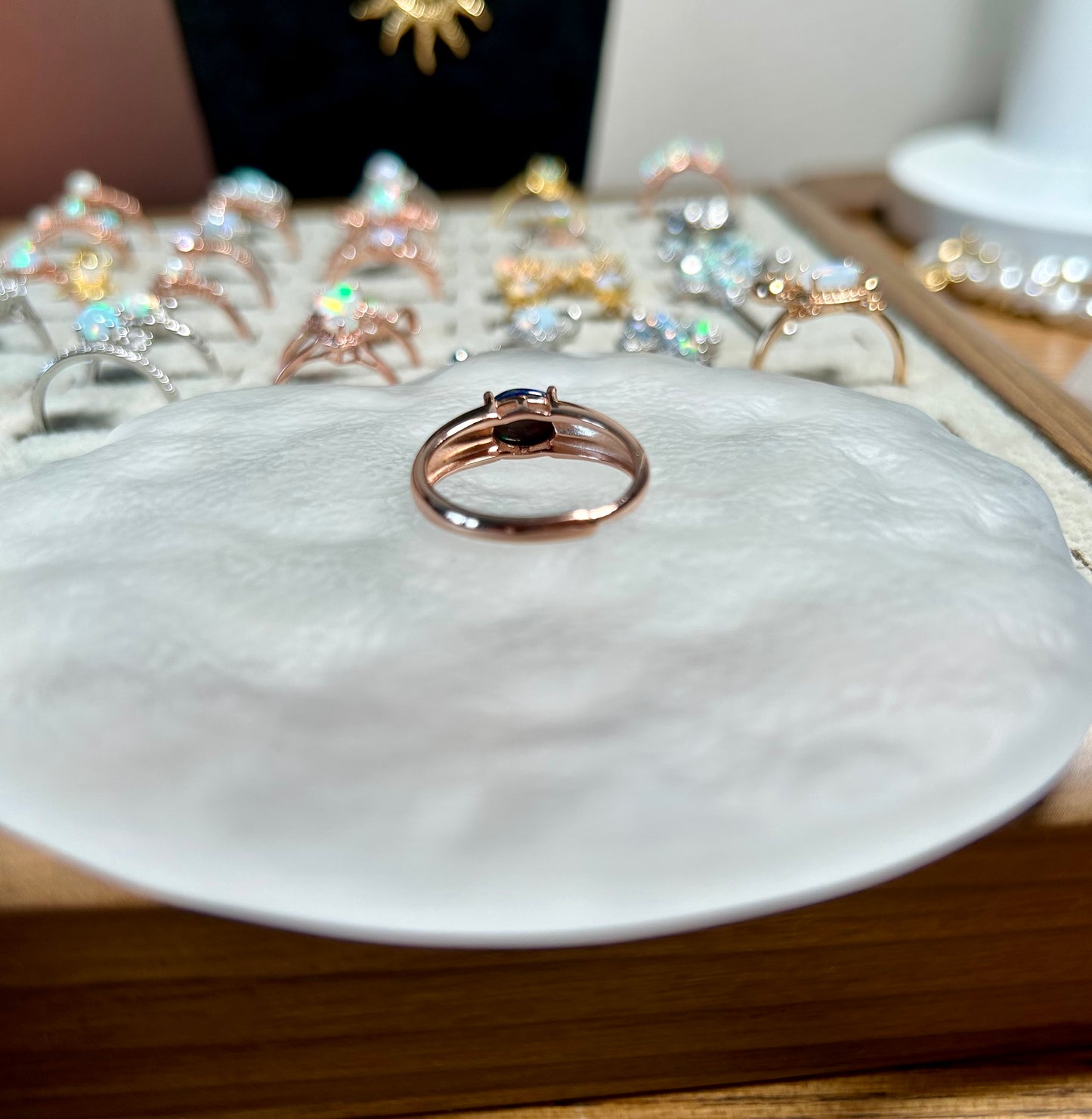 925 Rose Gold Silver Oval Cabochon Opal Solitaire Open Ring