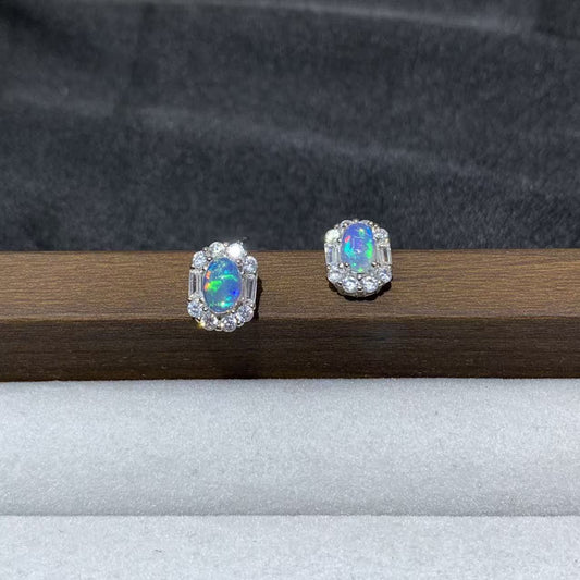 Sterling Silver Halo Blue Opal Stud Earrings