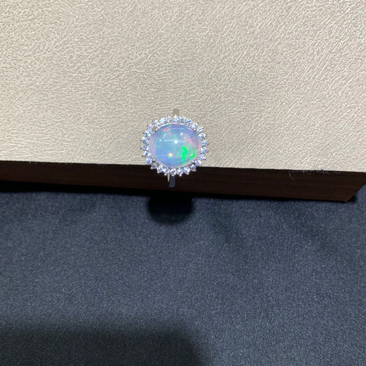 925 Sterling Silver Oval Rainbow Fire Opal Halo Ring