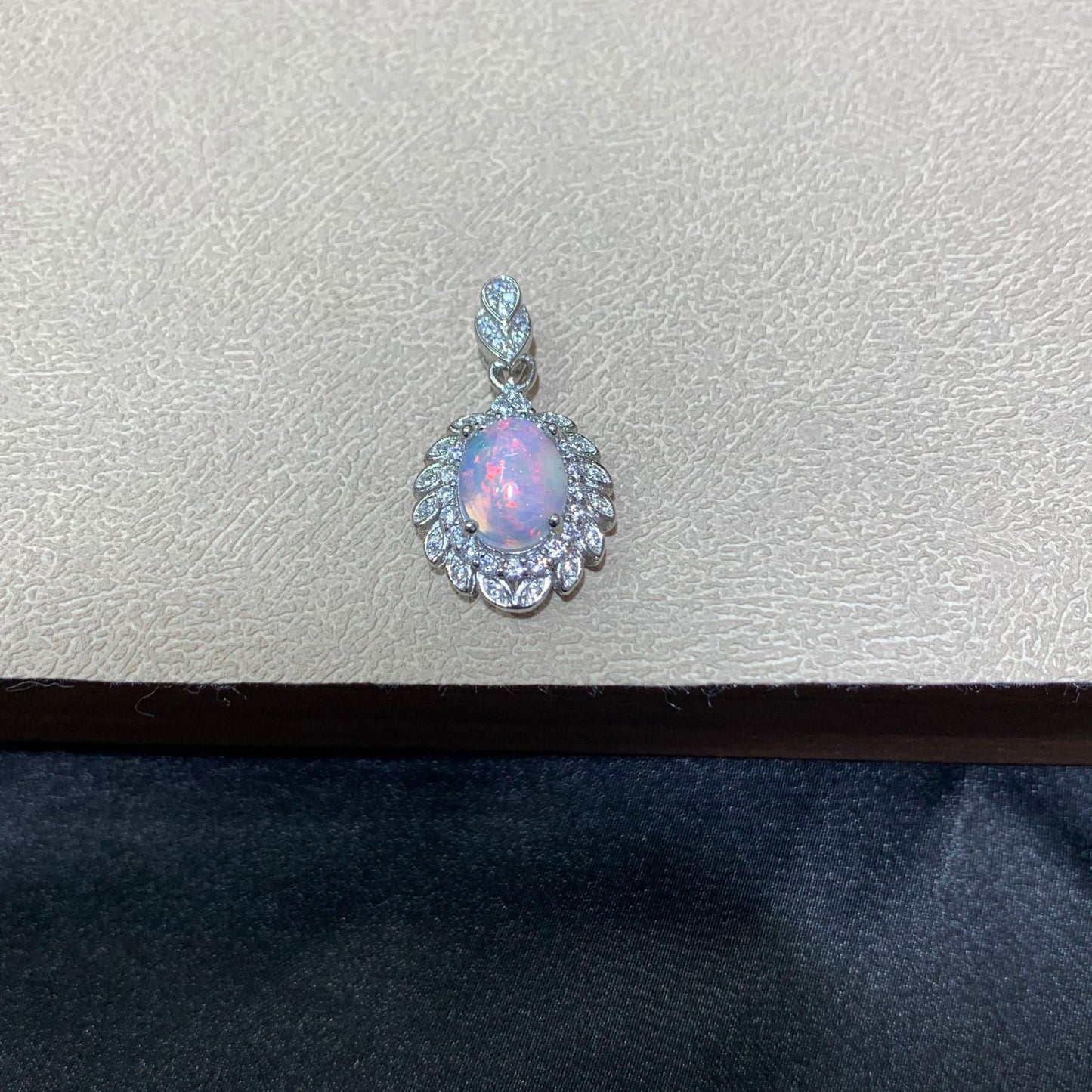 925 Sterling Silver Oval Opal Cabochon Halo Charm Pendant
